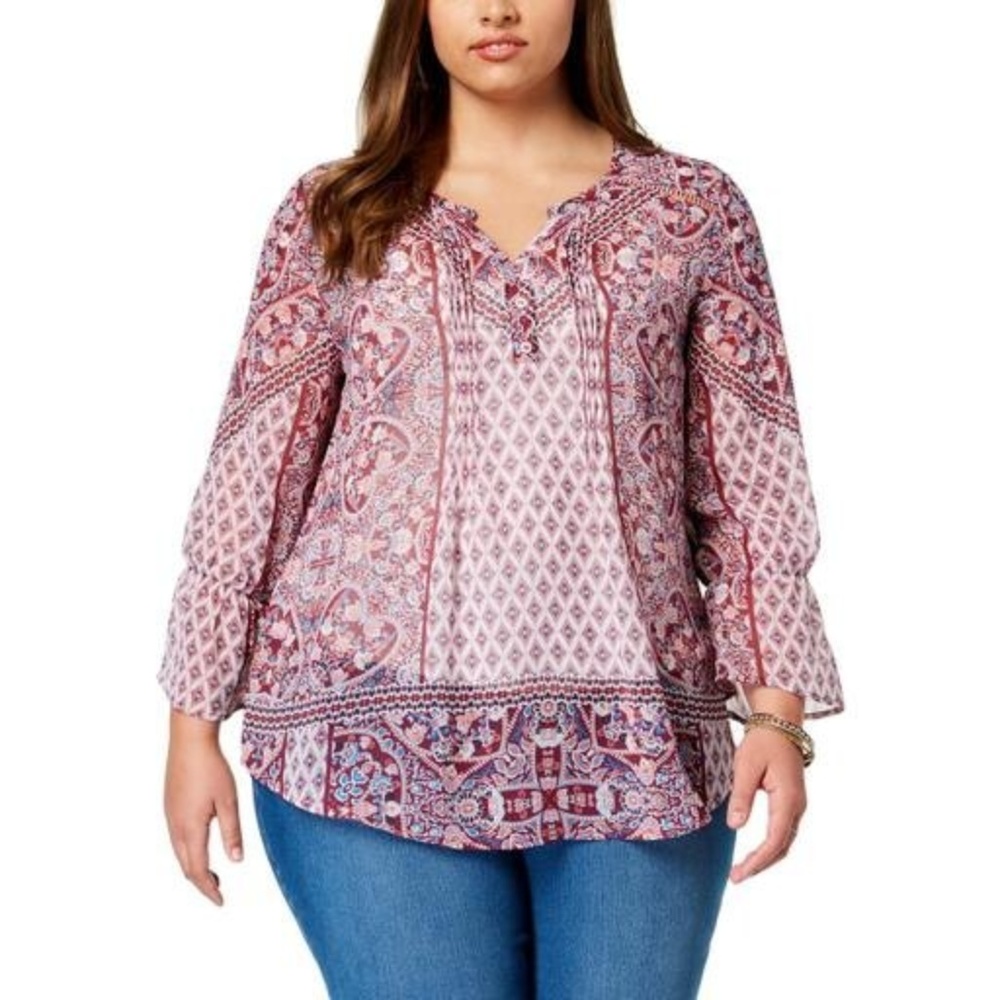 NWT Style & Co Plus Size Mixed-Print Peasant Top,